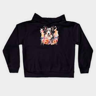 A border collie decorated with beautiful watercolor flowers Kids Hoodie